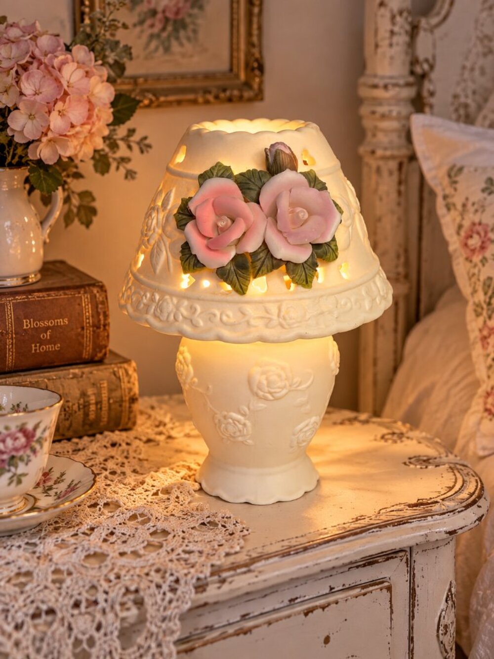Vintage Porcelain Fairy Lamp Pink Roses Pierced Floral 7” Shabby Chic Décor